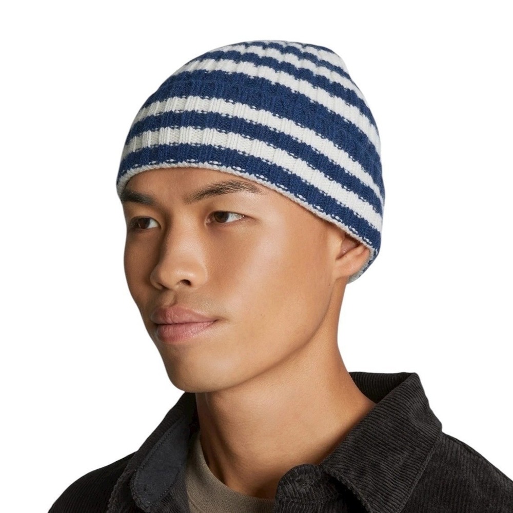 Everlane Cashmere Blend‎ Beanie Navy White Striped Knit Unisex Winter Hat
